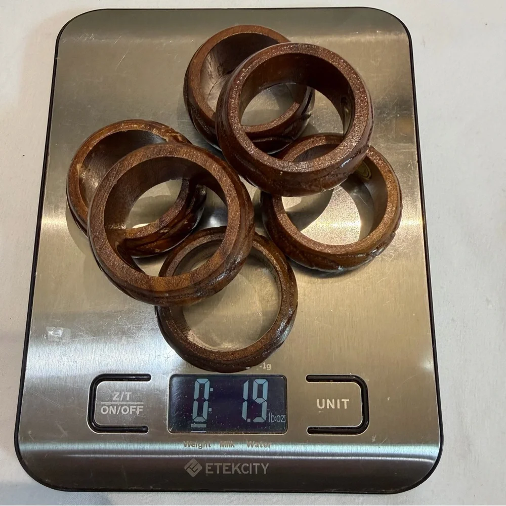6 Teak Wood Round Napkin Rings MCM Hand‎ Carved in Philippines